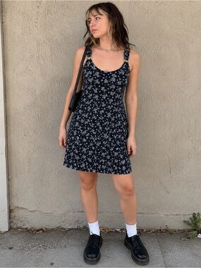 Vintage 90s Navy Blue Floral Mini Slip Dress Whimsigoth Grunge Indie Aesthetic